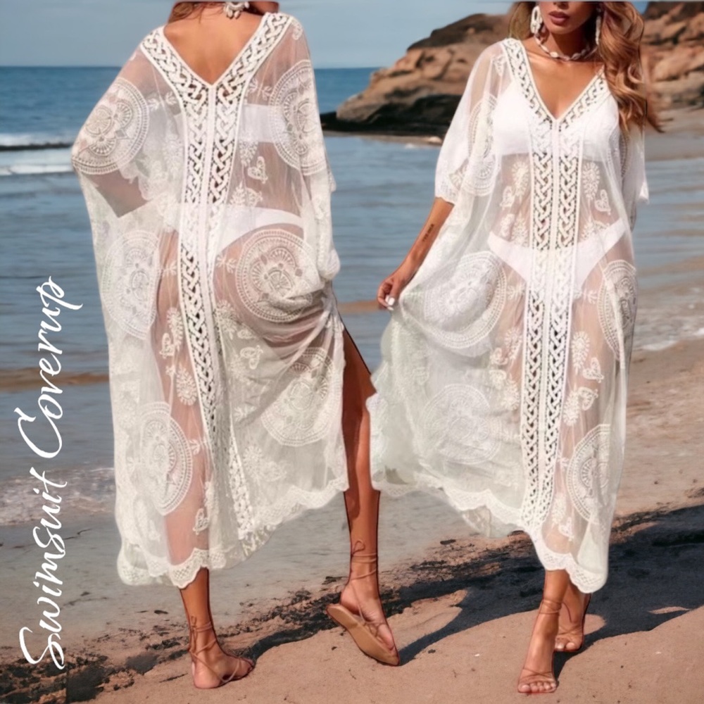 Sheer White Crochet Lace Swim Coverup Kaftan